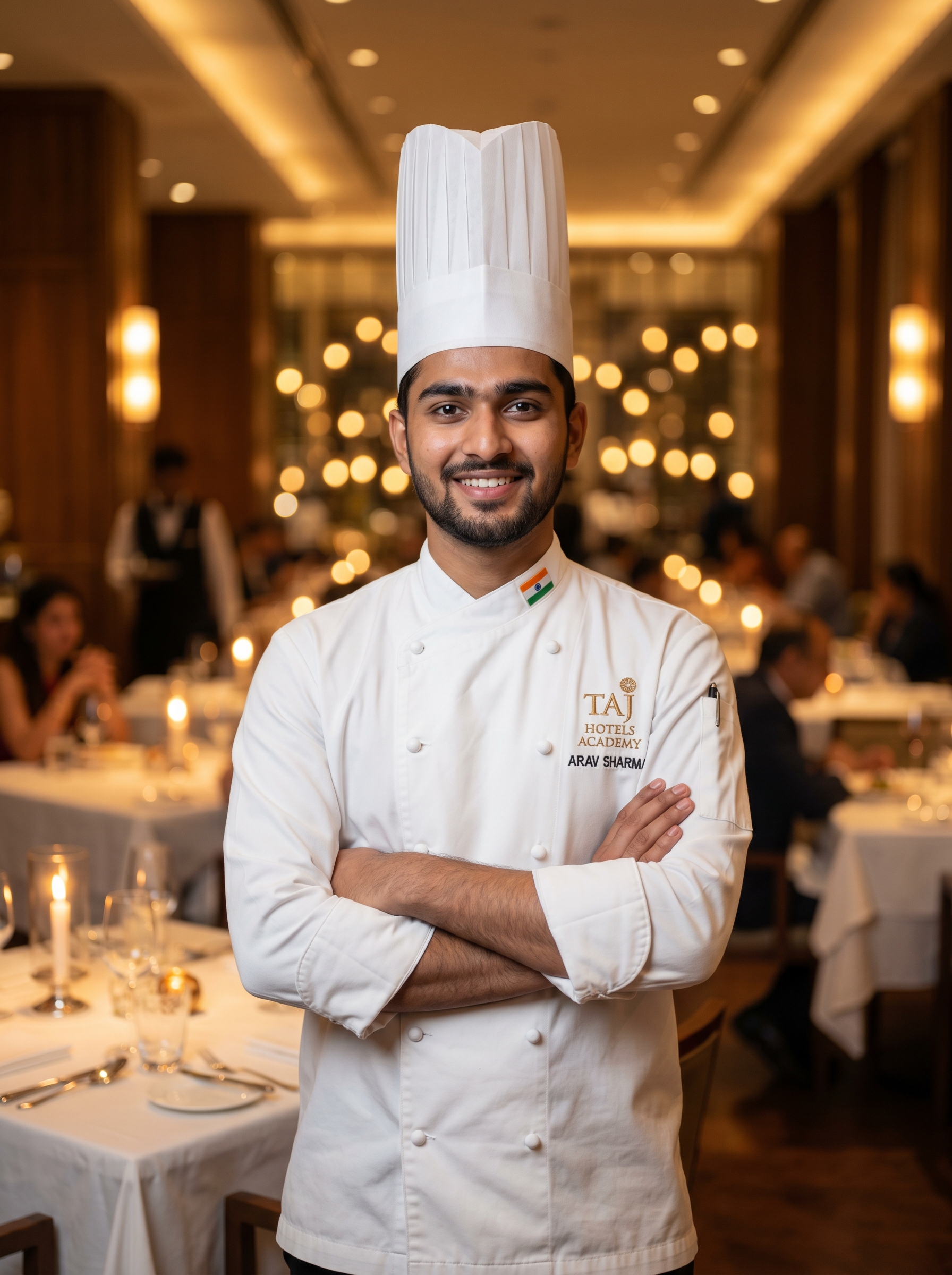 Hotel management student in professional kitchen